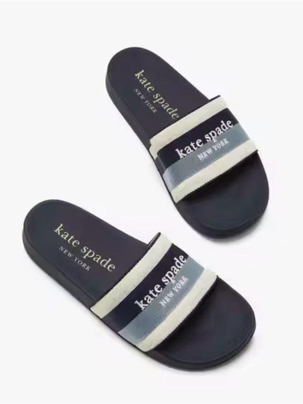 Kate Spade Navy, White & Light Blue Striped Logo Slide